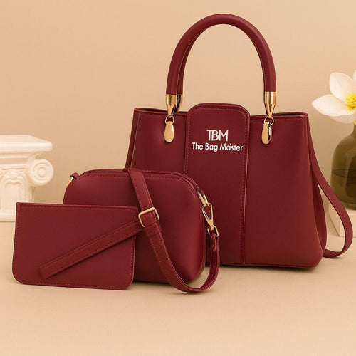 Maroon 3-Piece Rexine Handbag Set for Women