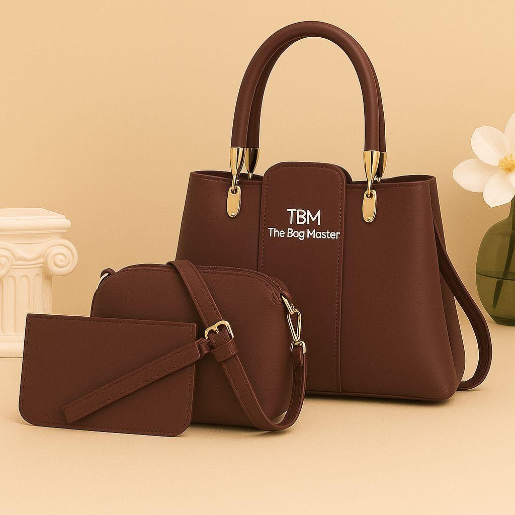Maroon 3-Piece Rexine Handbag Set for Women